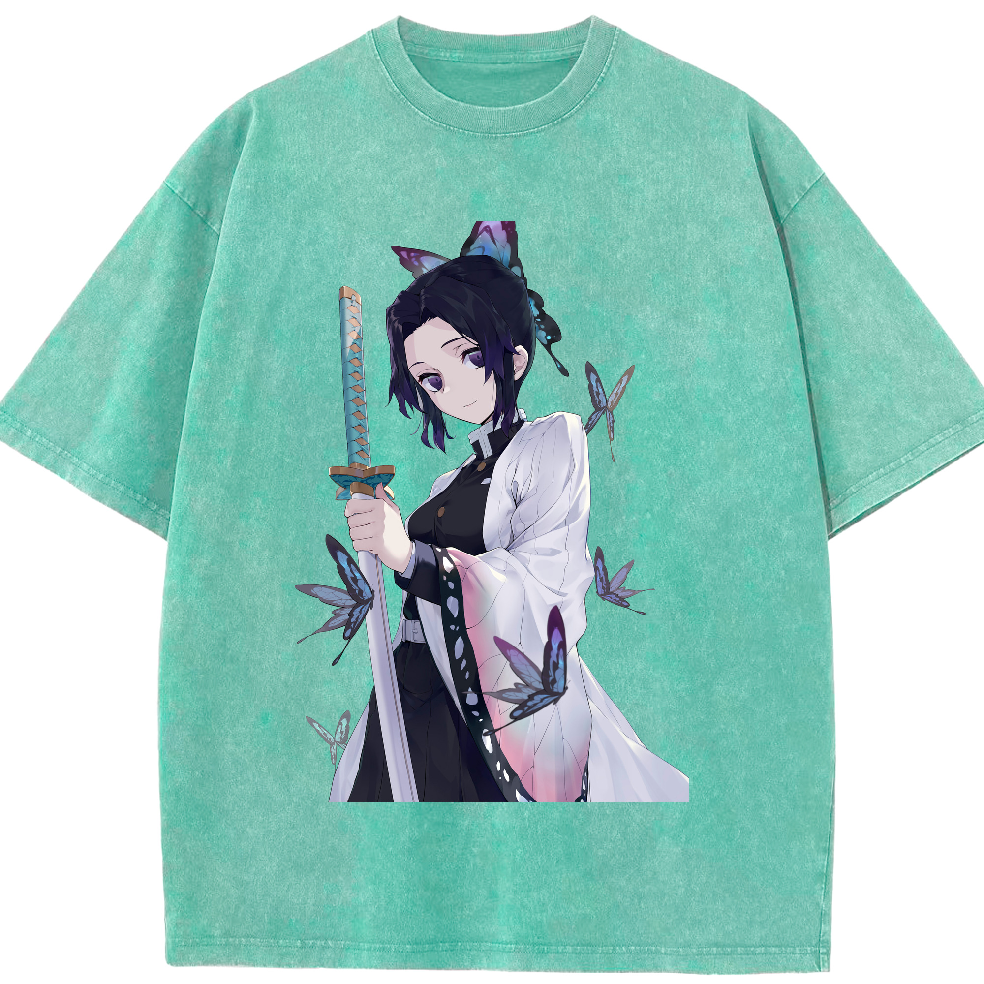 （画像用） 鬼滅の刃（きめつのやいば）蟲柱-胡蝶 しのぶ／こちょう しのぶ Kochou Shinobu 綿100% ヴィンテージ風 半袖Tシャツ（フロントプリント）